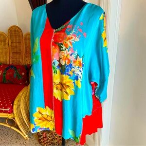 JOHNNY WAS Red & Turquoise Floral Print Pullover Top! Oversized! V Neck. Medium